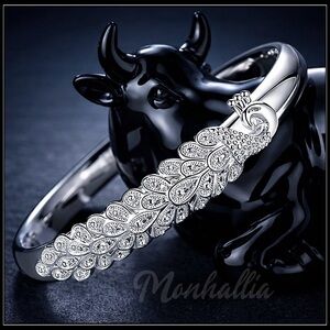 Silver Pavé Peacock Bird Cuff Bracelet – Wildlife Nature Sculpted Open Bangle